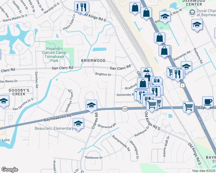 map of restaurants, bars, coffee shops, grocery stores, and more near 4917 Astoria Court in Jacksonville
