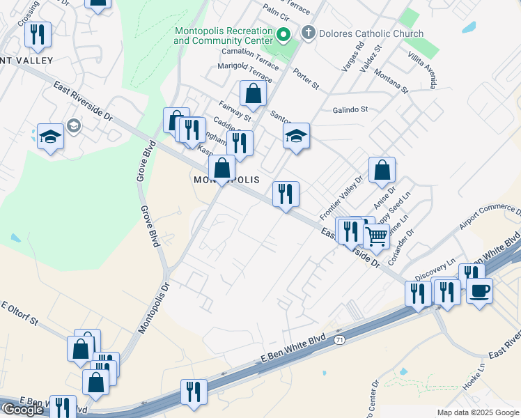 map of restaurants, bars, coffee shops, grocery stores, and more near 6507 East Riverside Drive in Austin