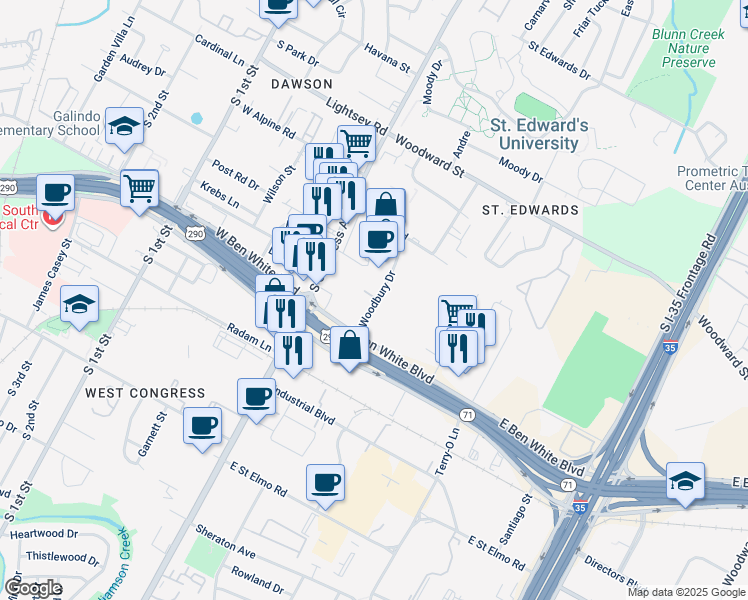 map of restaurants, bars, coffee shops, grocery stores, and more near 3902 Woodbury Dr in Austin