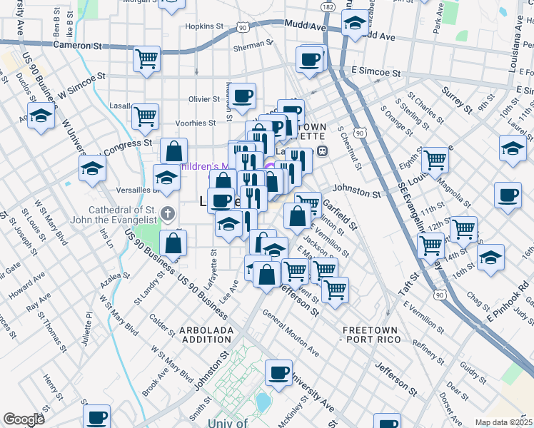 map of restaurants, bars, coffee shops, grocery stores, and more near 315 Polk Street in Lafayette
