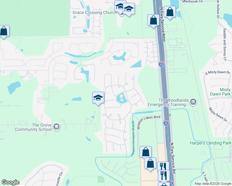 map of restaurants, bars, coffee shops, grocery stores, and more near 111 Bagpipe Way in The Woodlands