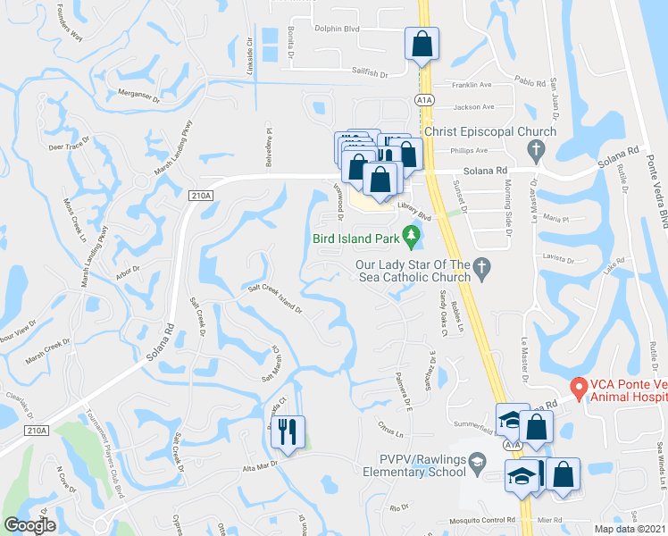 map of restaurants, bars, coffee shops, grocery stores, and more near 100 Nautilus Court in Ponte Vedra Beach