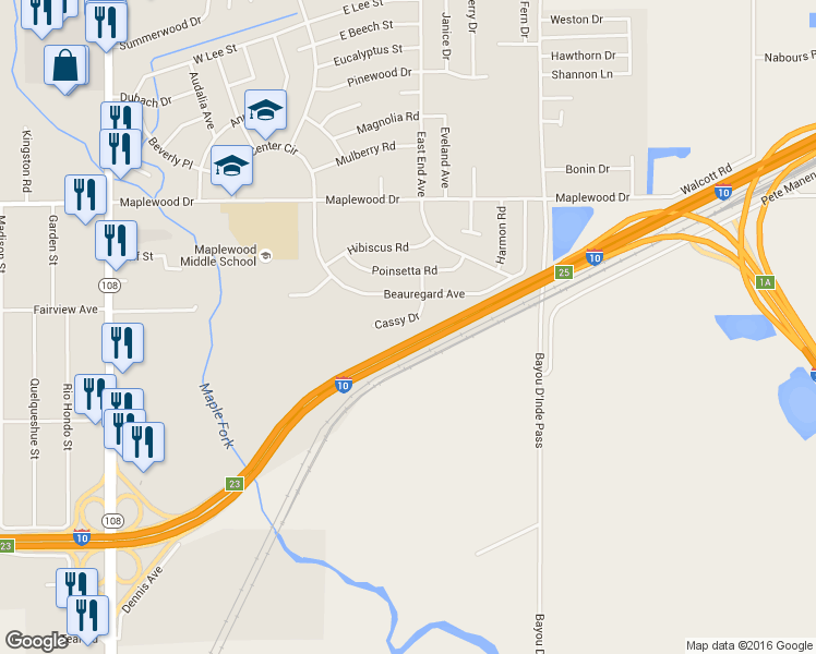 map of restaurants, bars, coffee shops, grocery stores, and more near 113 Cassy Drive in Sulphur
