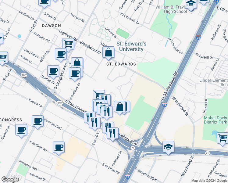 map of restaurants, bars, coffee shops, grocery stores, and more near 3700 Payload Pass in Austin