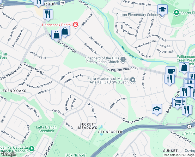 map of restaurants, bars, coffee shops, grocery stores, and more near 7005 Chuck Wagon Trail in Austin