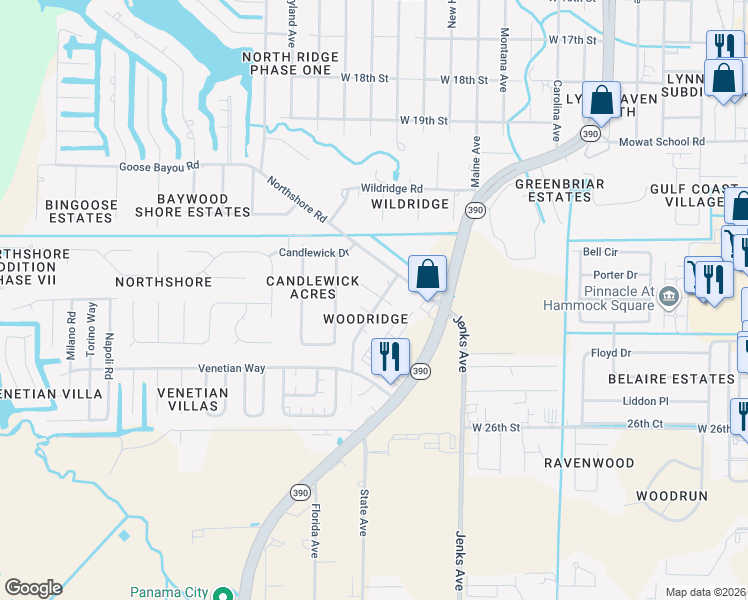 map of restaurants, bars, coffee shops, grocery stores, and more near 4065 Woodridge Place in Panama City