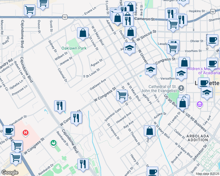 map of restaurants, bars, coffee shops, grocery stores, and more near 1018 Saint Patrick Street in Lafayette