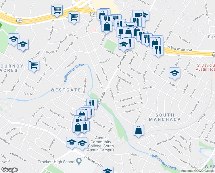map of restaurants, bars, coffee shops, grocery stores, and more near Manchaca Road & Lansing Drive in Austin