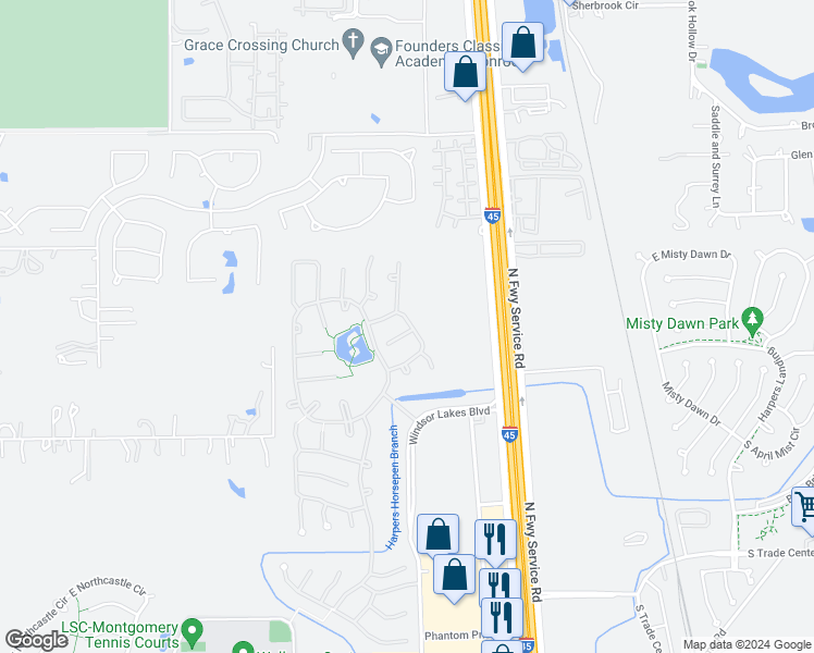 map of restaurants, bars, coffee shops, grocery stores, and more near 35 Arcadia Way in Conroe