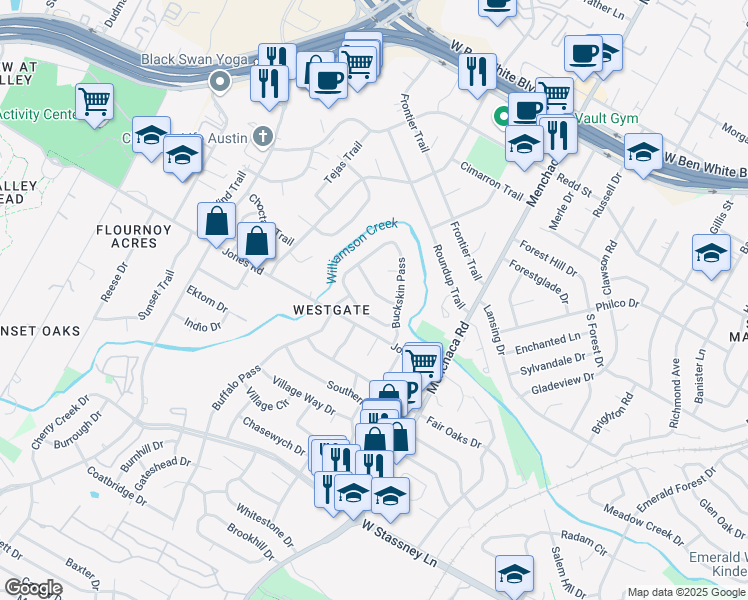 map of restaurants, bars, coffee shops, grocery stores, and more near 2301 Laramie Trail in Austin