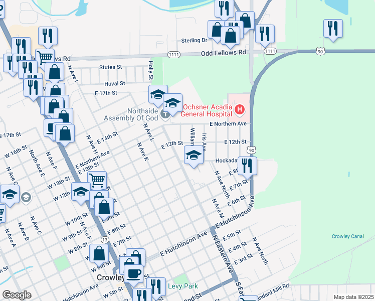 map of restaurants, bars, coffee shops, grocery stores, and more near 935 Olga Street in Rayne