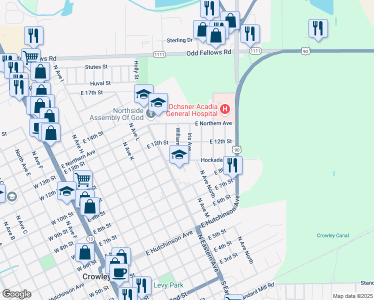 map of restaurants, bars, coffee shops, grocery stores, and more near 1125 Iris Avenue in Crowley