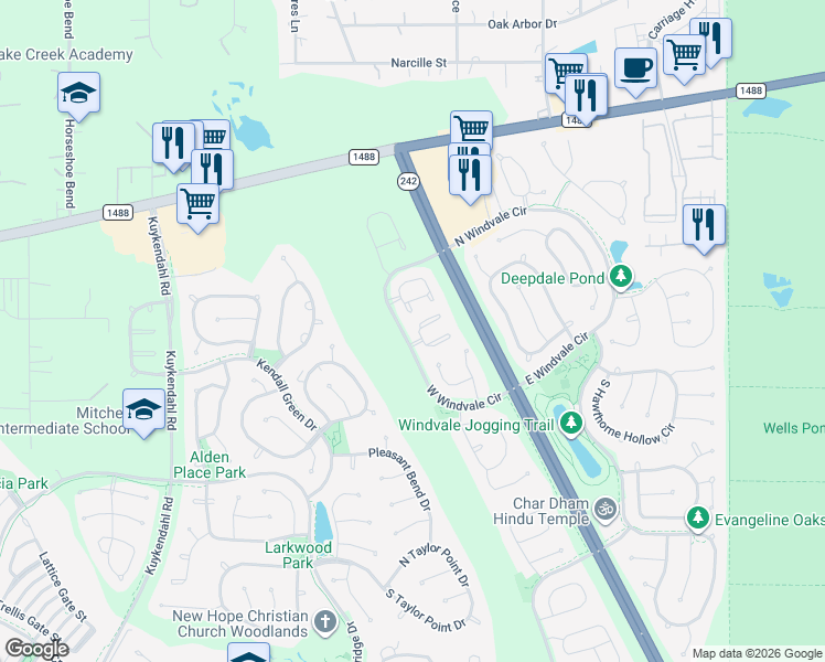 map of restaurants, bars, coffee shops, grocery stores, and more near 15 Marble Rock Place in Spring