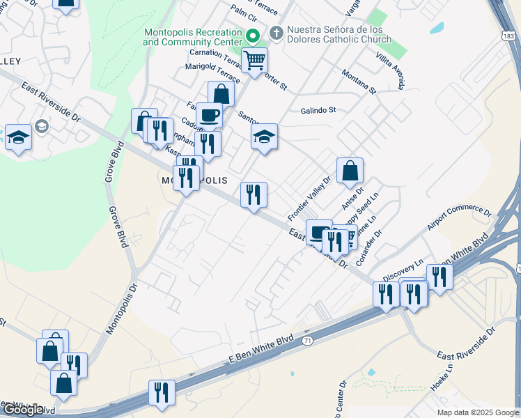 map of restaurants, bars, coffee shops, grocery stores, and more near 6814 East Riverside Drive in Austin