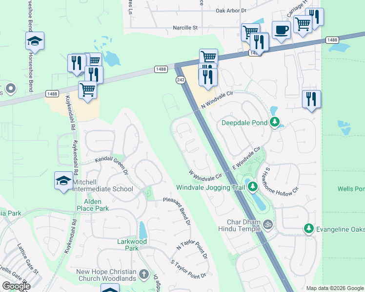 map of restaurants, bars, coffee shops, grocery stores, and more near 15 Marble Rock Place in Spring