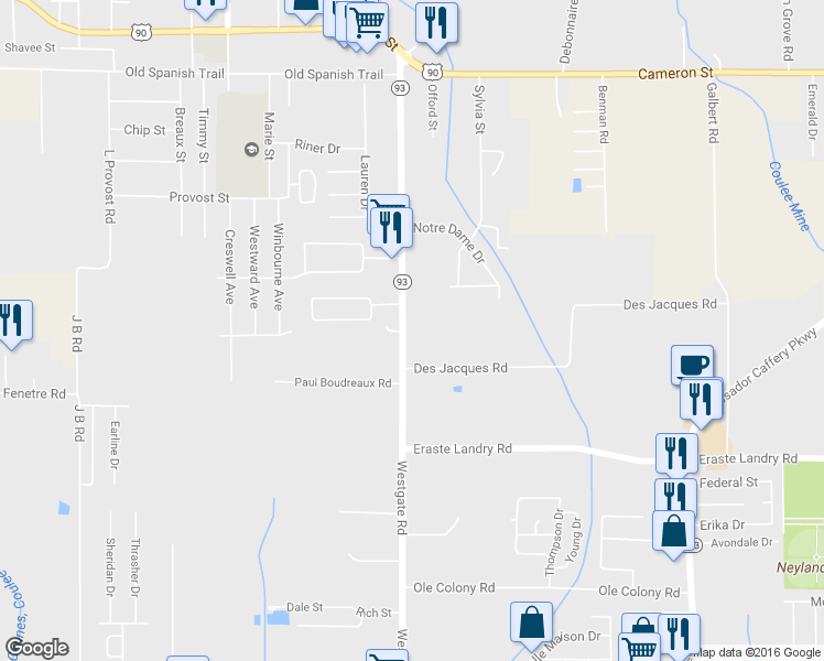 map of restaurants, bars, coffee shops, grocery stores, and more near 725 Westgate Road in Lafayette