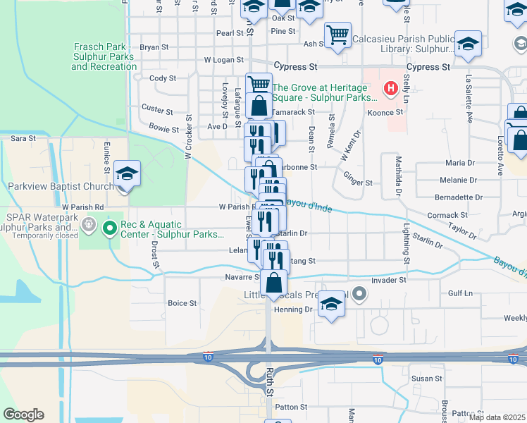 map of restaurants, bars, coffee shops, grocery stores, and more near 1701 Ruth Street in Sulphur
