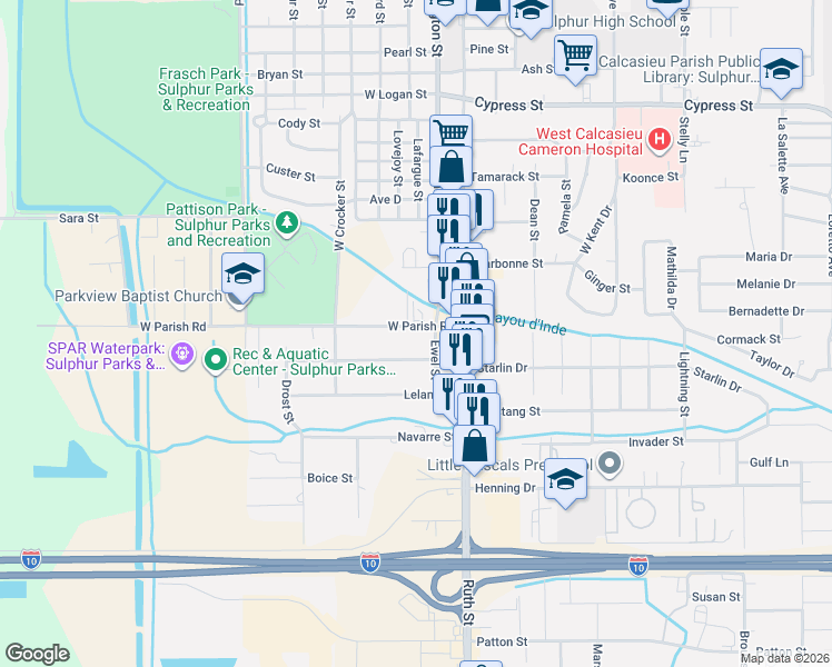map of restaurants, bars, coffee shops, grocery stores, and more near 209 West Parish Road in Sulphur