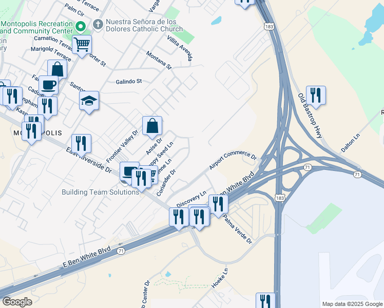 map of restaurants, bars, coffee shops, grocery stores, and more near 1413 Coriander Drive in Austin