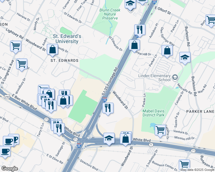 map of restaurants, bars, coffee shops, grocery stores, and more near Interstate 35 Frontage Rd & Woodward St in Austin