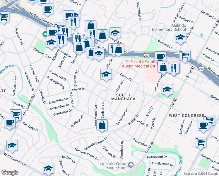 map of restaurants, bars, coffee shops, grocery stores, and more near 4429 Banister Lane in Austin