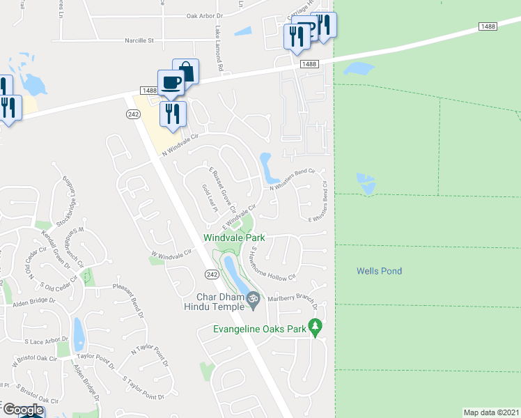 map of restaurants, bars, coffee shops, grocery stores, and more near 58 Trilling Bird Place in Conroe