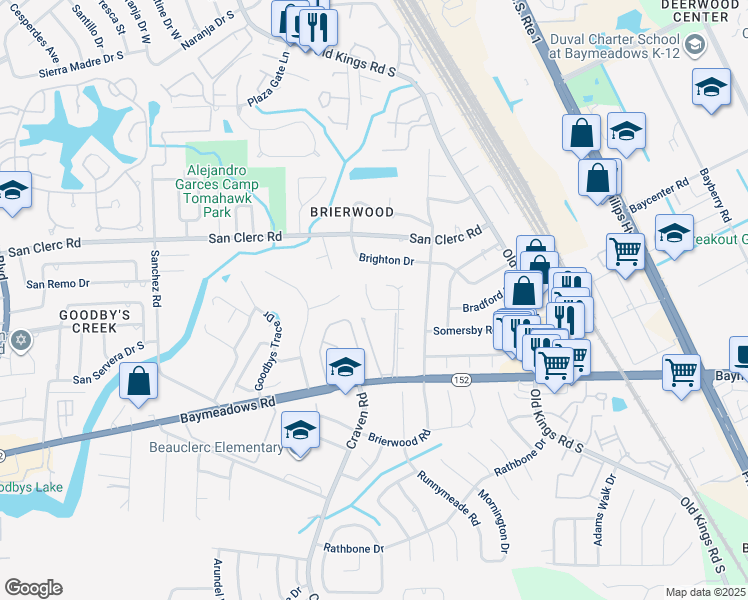 map of restaurants, bars, coffee shops, grocery stores, and more near 8563 Goldeneye Lane in Jacksonville