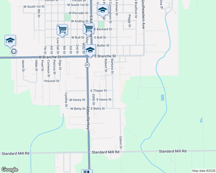 map of restaurants, bars, coffee shops, grocery stores, and more near 1227 Robert Street in Rayne