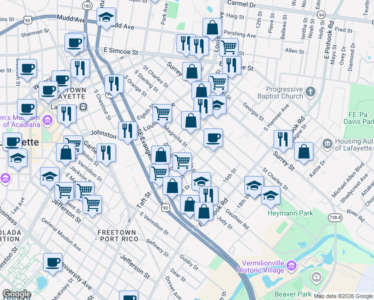 map of restaurants, bars, coffee shops, grocery stores, and more near 422 12th Street in Lafayette