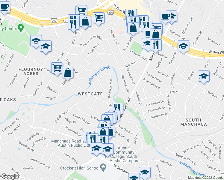 map of restaurants, bars, coffee shops, grocery stores, and more near 4909 Buckskin Pass in Austin