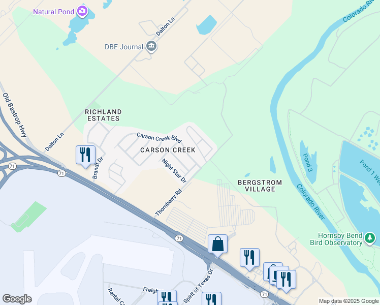 map of restaurants, bars, coffee shops, grocery stores, and more near 9607 Carson Creek Boulevard in Del Valle