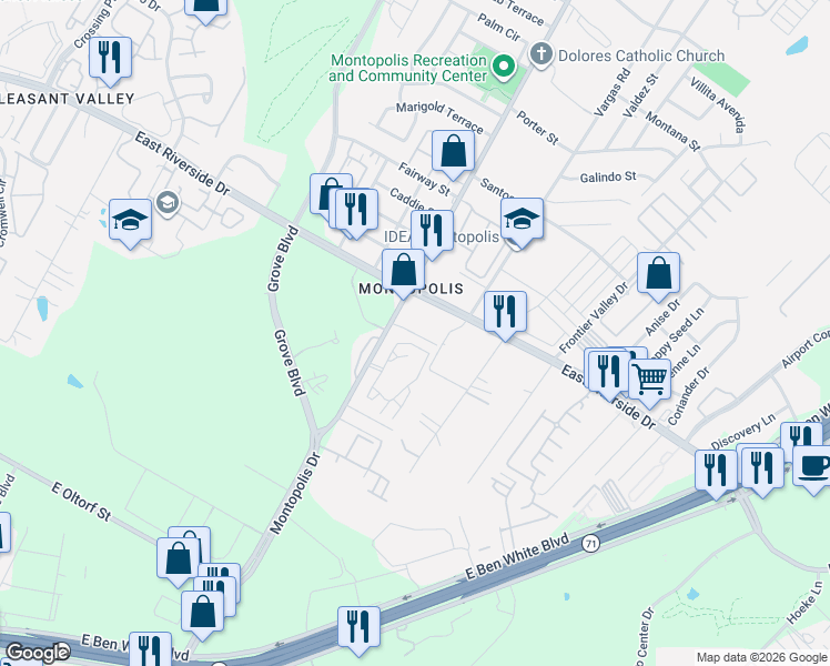 map of restaurants, bars, coffee shops, grocery stores, and more near 2101 Montopolis Drive in Austin