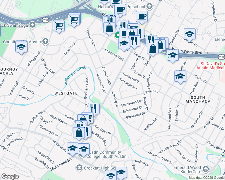 map of restaurants, bars, coffee shops, grocery stores, and more near 4804 Menchaca Road in Austin