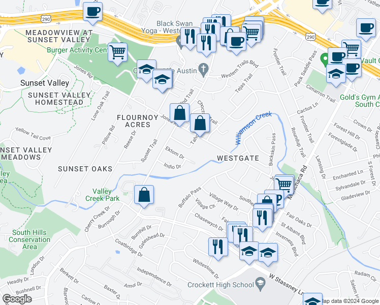 map of restaurants, bars, coffee shops, grocery stores, and more near 5207 Tahoe Trail in Austin