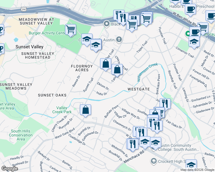 map of restaurants, bars, coffee shops, grocery stores, and more near 5207 Tahoe Trail in Austin