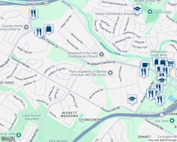 map of restaurants, bars, coffee shops, grocery stores, and more near 7010 Wheeler Branch Trail in Austin