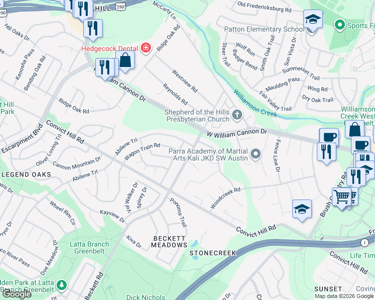 map of restaurants, bars, coffee shops, grocery stores, and more near 7005 Chuck Wagon Trail in Austin