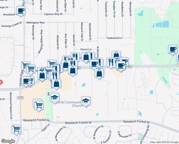 map of restaurants, bars, coffee shops, grocery stores, and more near 5715 Farm to Market Road 1488 in The Woodlands