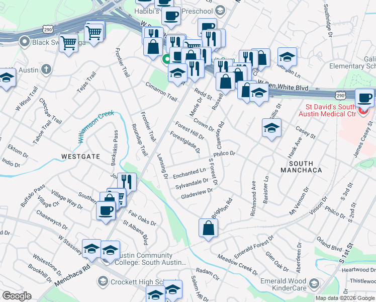 map of restaurants, bars, coffee shops, grocery stores, and more near 4701 Glenhaven Circle in Austin