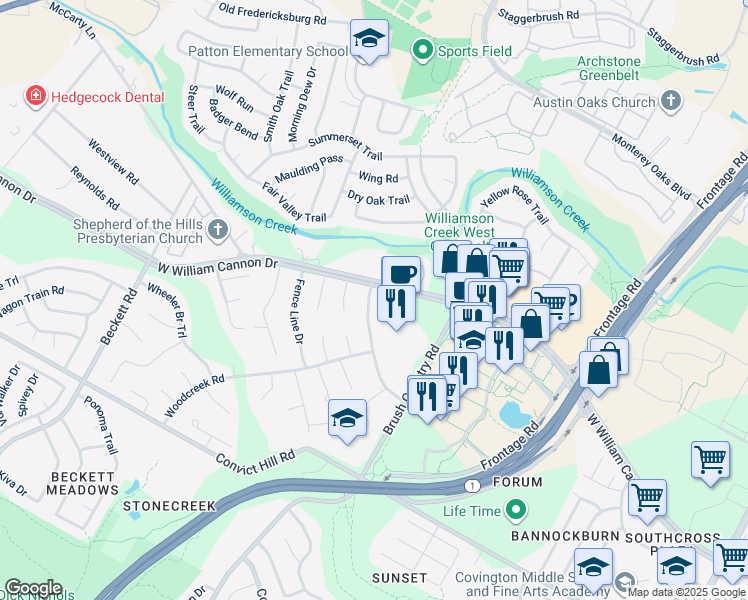 map of restaurants, bars, coffee shops, grocery stores, and more near 6703 One Oak Road in Austin