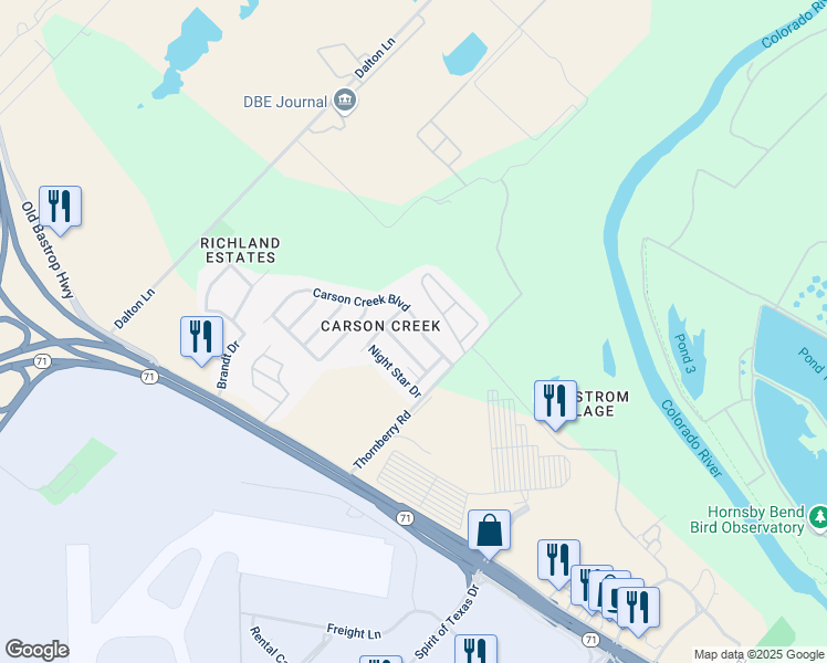 map of restaurants, bars, coffee shops, grocery stores, and more near 9607 Carson Creek Boulevard in Del Valle