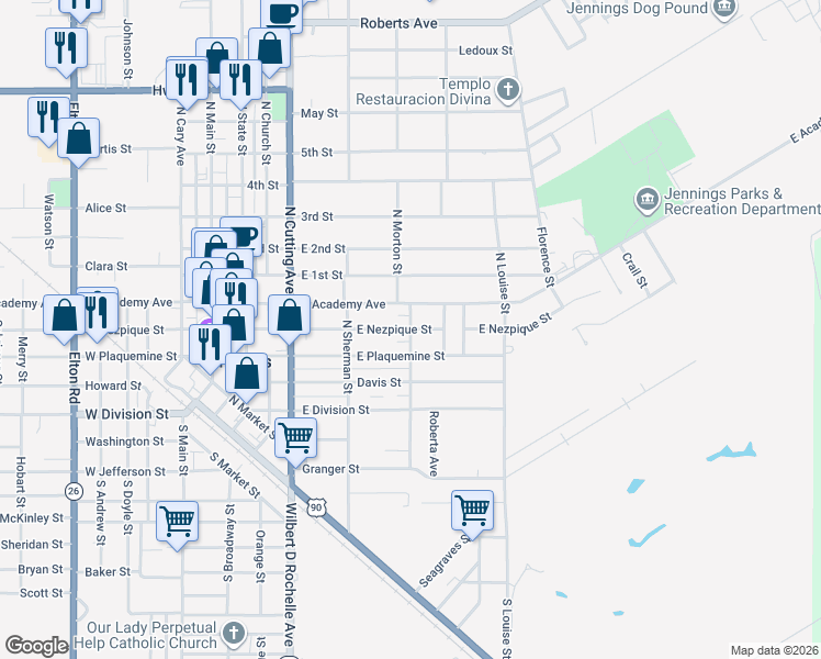 map of restaurants, bars, coffee shops, grocery stores, and more near 600 East Nezpique Street in Jennings