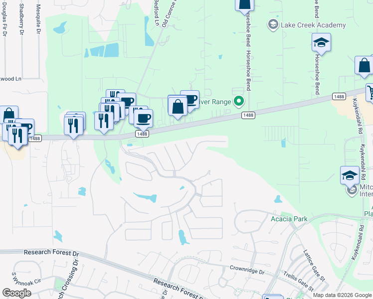 map of restaurants, bars, coffee shops, grocery stores, and more near 360 Connemara Drive in Spring