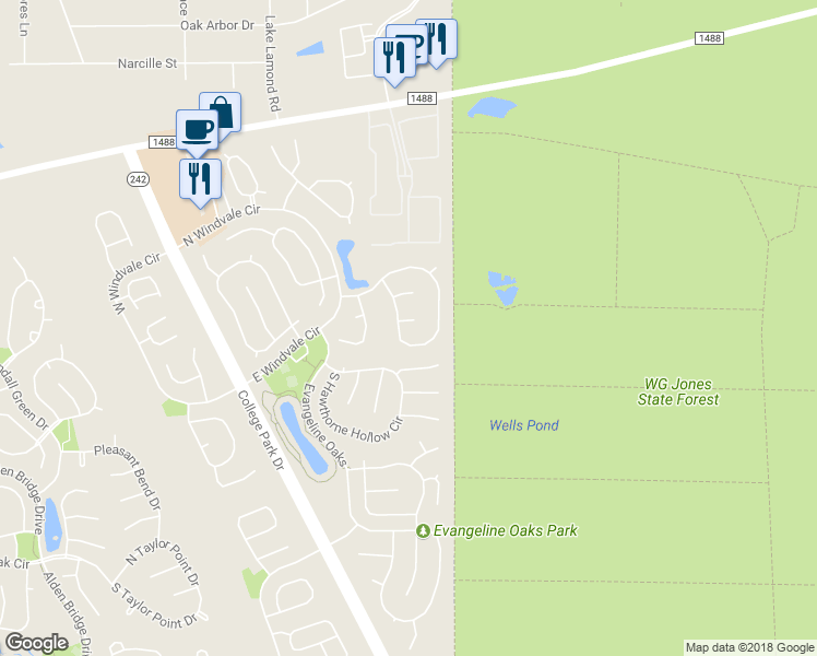 map of restaurants, bars, coffee shops, grocery stores, and more near 15 Sleeping Creek Place in Conroe