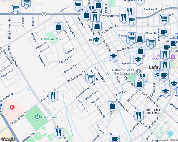 map of restaurants, bars, coffee shops, grocery stores, and more near 761 Saint Louis Street in Lafayette
