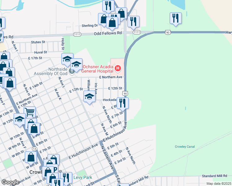 map of restaurants, bars, coffee shops, grocery stores, and more near 1123 Jenkins Avenue in Crowley