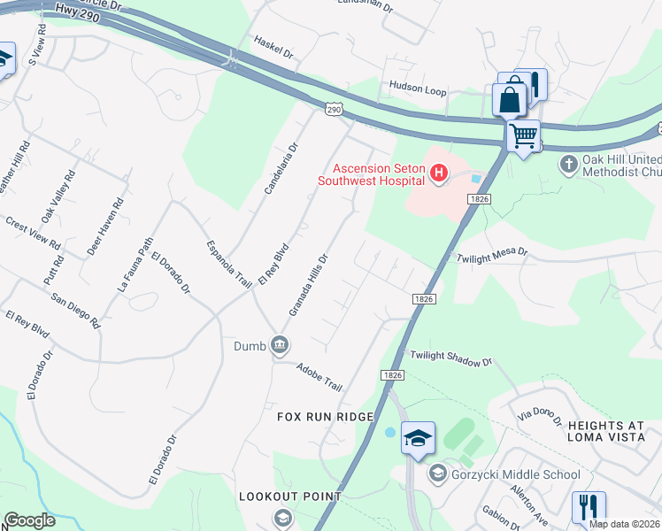 map of restaurants, bars, coffee shops, grocery stores, and more near 8705 Granada Hills Drive in Austin