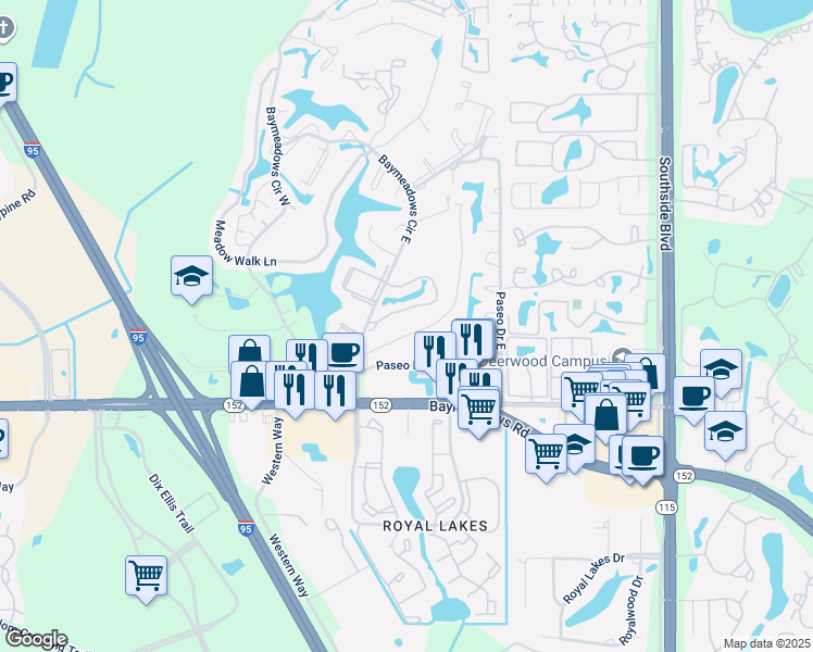 map of restaurants, bars, coffee shops, grocery stores, and more near 8044 Echo Springs Road in Jacksonville