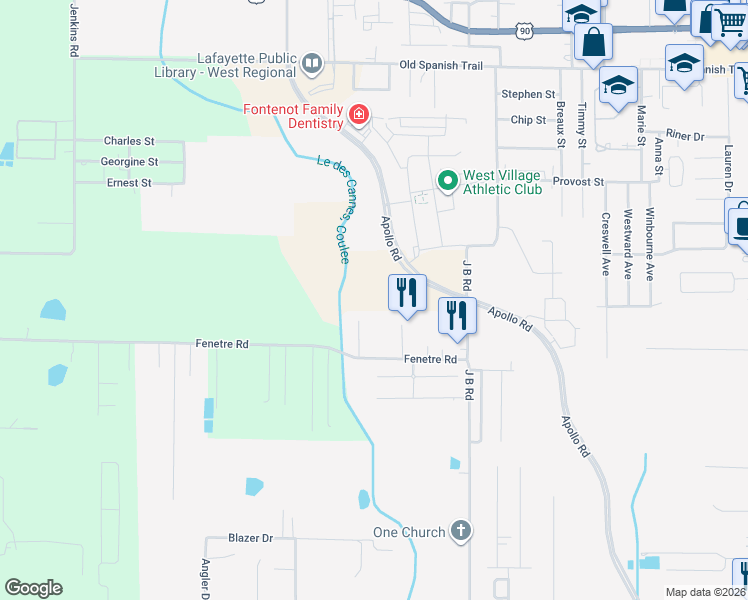 map of restaurants, bars, coffee shops, grocery stores, and more near 600 Blk L Provost Road in Scott