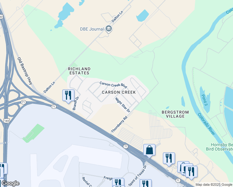 map of restaurants, bars, coffee shops, grocery stores, and more near 1402 Cool Shadow Drive in Del Valle